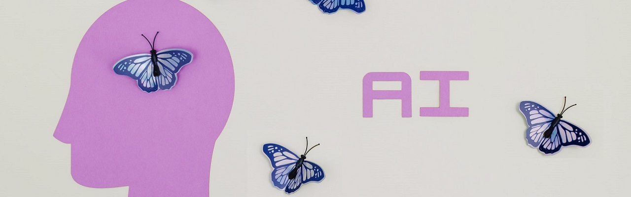 a human brain, butterflies and the word AI